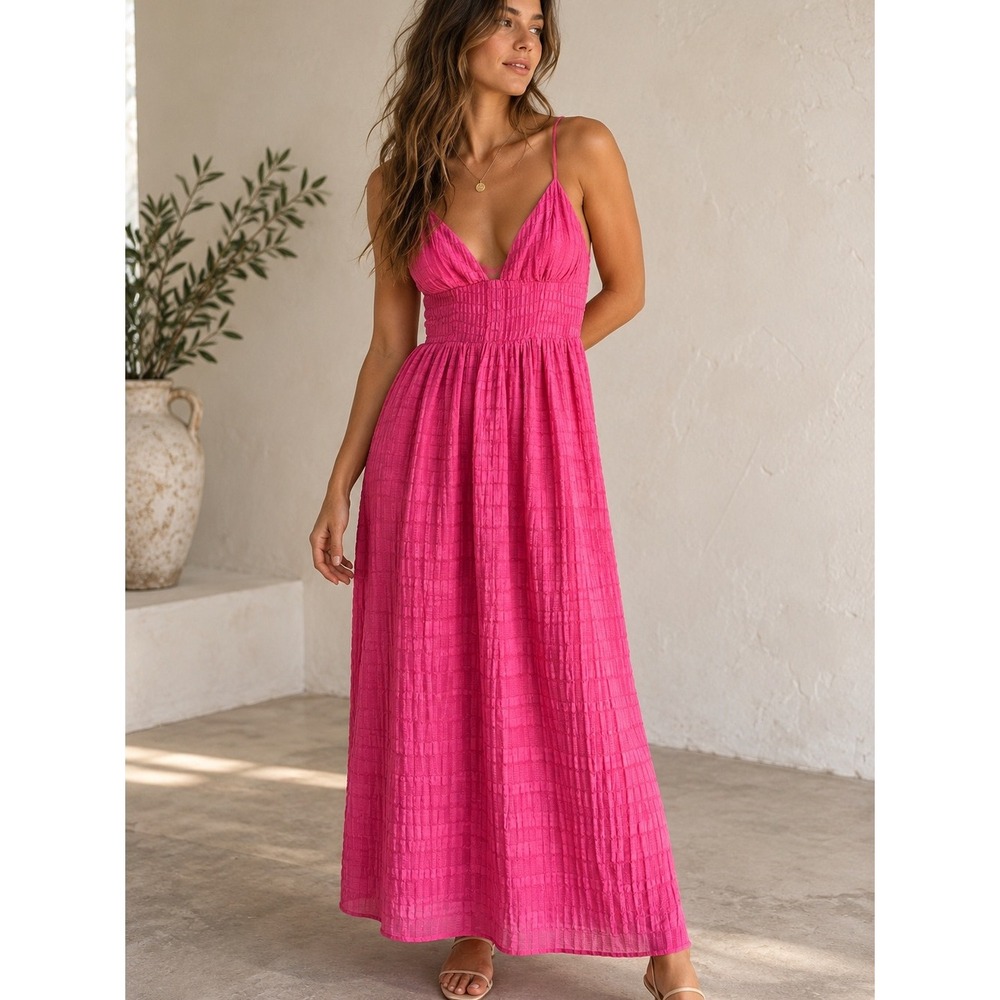 Storia Hot Pink Textured Maxi Dress Romantic Resort Fairycore Sz S